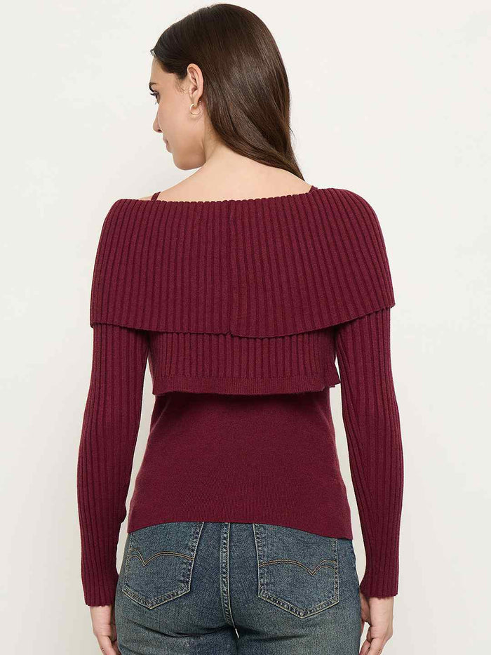 Madame Twisted Ruffle Detail Wine Red Sweater