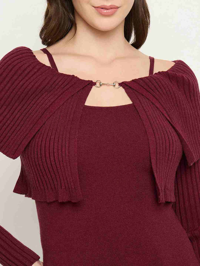 Madame Twisted Ruffle Detail Wine Red Sweater