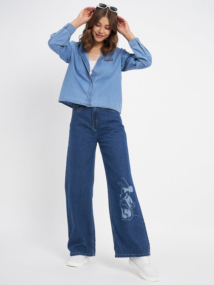 Madame Typography Print Collared Cotton Blue Shirt