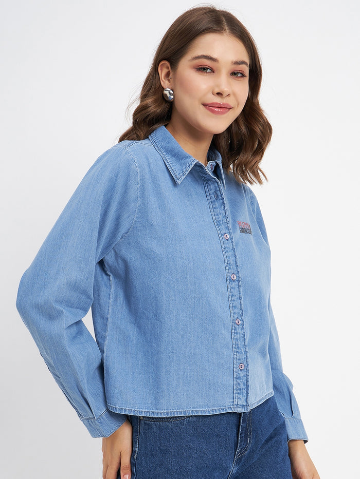 Madame Typography Print Collared Cotton Blue Shirt