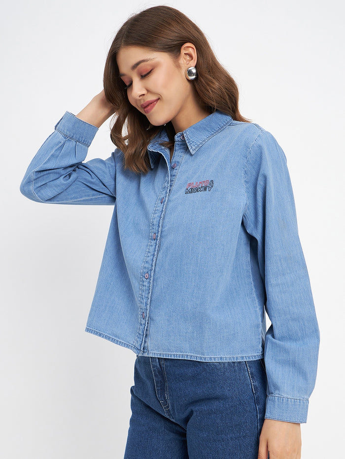 Madame Typography Print Collared Cotton Blue Shirt