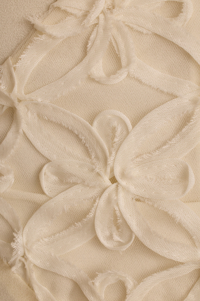 Close-up of cream chiffon maxi dress with raised floral embroidery and frayed petals.