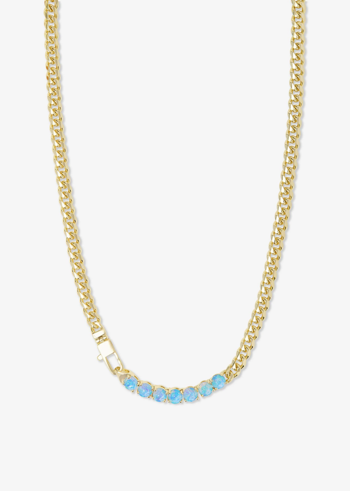 Gold chain necklace with seven blue opal stones