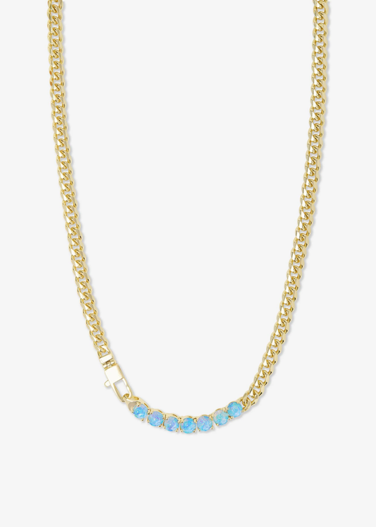 Gold chain necklace with seven blue opal stones