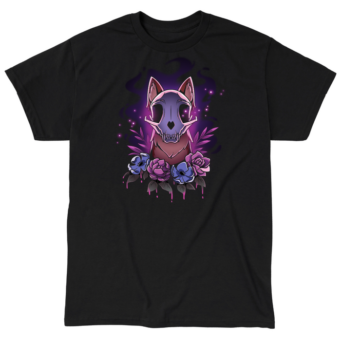 Classic Cotton T-shirt_TeeTurtle black Memento Vulpes Classic Cotton T-shirt featuring a fox skull resting on a weathered log with four purple flowers below, illuminated by a mystical purple glow.