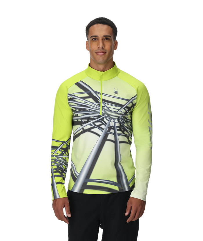 Man wearing a bright green cycling jersey with black and white design on a white background