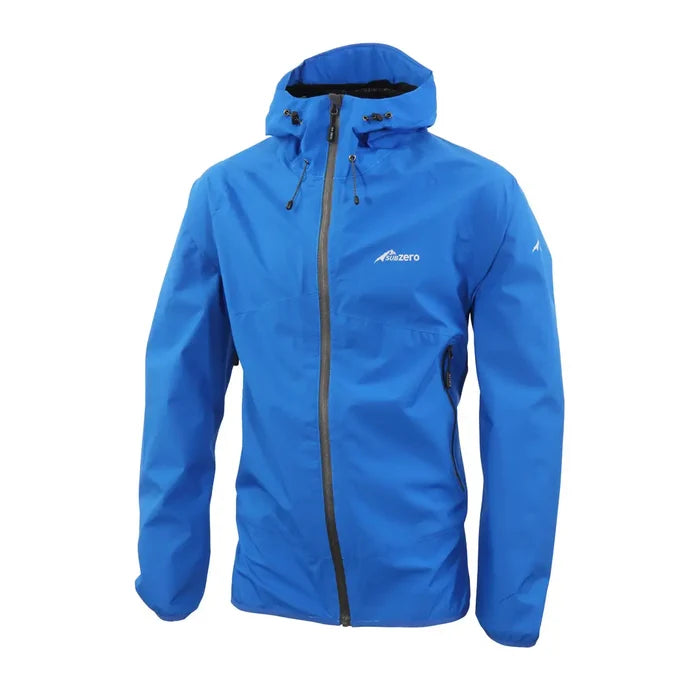 Front detail of Sub Zero mens lightweight waterproof jacket in blue with grey zips