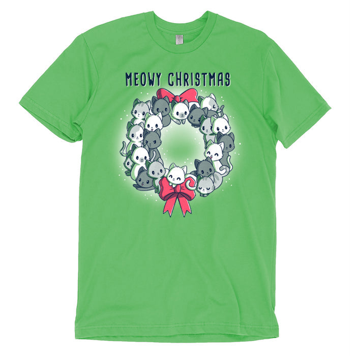Premium Cotton T-shirt_TeeTurtle Meowy Christmas Wreath apple apparel featuring kawaii and sweet cats in the shape of a wreath with two red bows.