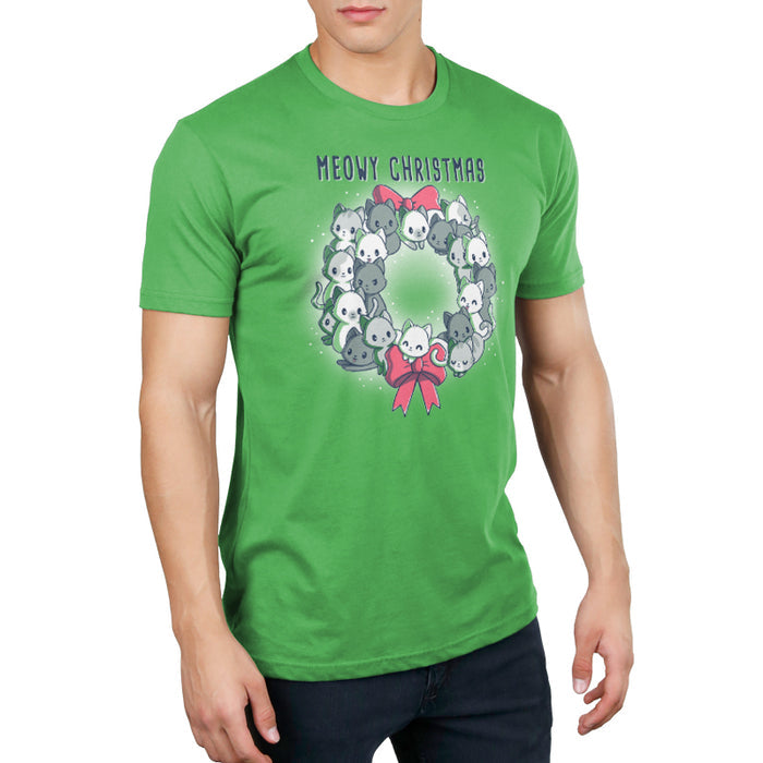 Premium Cotton T-shirt_TeeTurtle Meowy Christmas Wreath apple apparel featuring kawaii and sweet cats in the shape of a wreath with two red bows.
