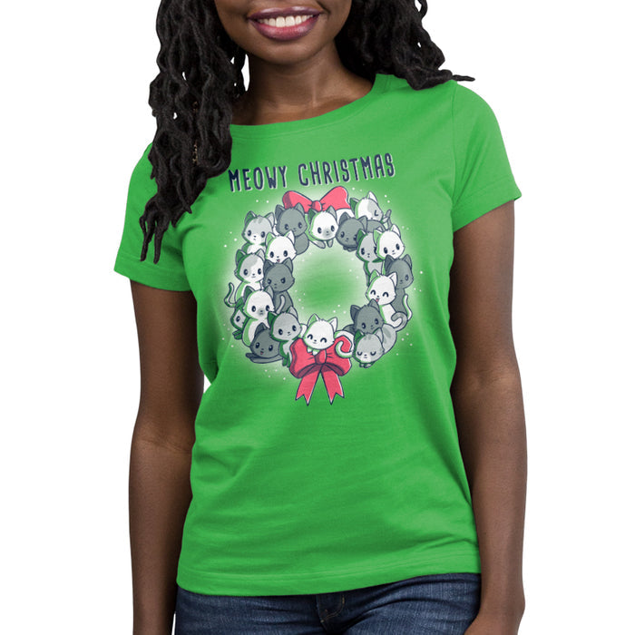 Premium Cotton T-shirt_TeeTurtle Meowy Christmas Wreath apple apparel featuring kawaii and sweet cats in the shape of a wreath with two red bows.