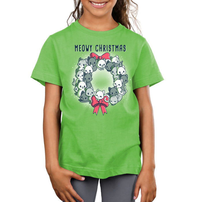 Premium Cotton T-shirt_TeeTurtle Meowy Christmas Wreath apple apparel featuring kawaii and sweet cats in the shape of a wreath with two red bows.