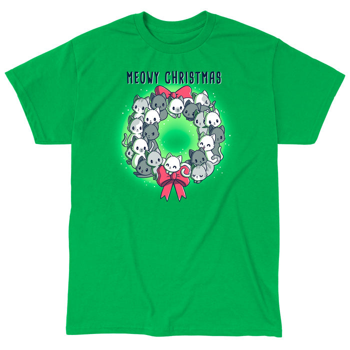 Classic Cotton T-shirt_TeeTurtle Meowy Christmas Wreath irish green apparel featuring kawaii and sweet cats in the shape of a wreath with two red bows.
