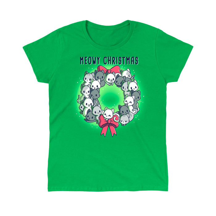 Classic Cotton T-shirt_TeeTurtle Meowy Christmas Wreath irish green apparel featuring kawaii and sweet cats in the shape of a wreath with two red bows.