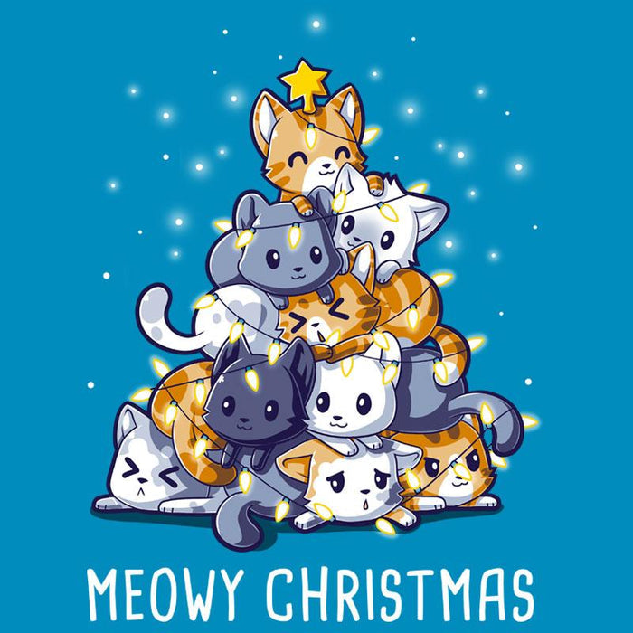 Premium Cotton T-shirt_TeeTurtle cobalt blue Meowy Christmas apparel featuring multiple cats stacked in the shape of a Christmas tree with a star on top, surrounded by glowing lights. Caption reads "Meowy Christmas'.