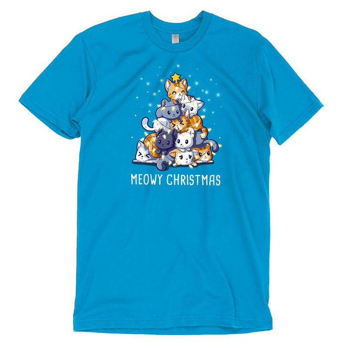 Premium Cotton T-shirt_TeeTurtle cobalt blue Meowy Christmas apparel featuring multiple cats stacked in the shape of a Christmas tree with a star on top, surrounded by glowing lights. Caption reads "Meowy Christmas'.