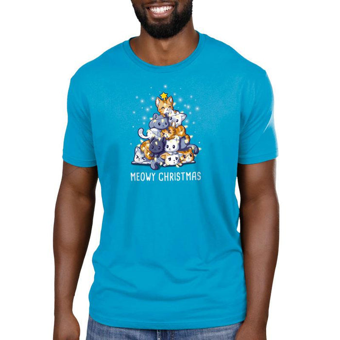 Premium Cotton T-shirt_TeeTurtle cobalt blue Meowy Christmas apparel featuring multiple cats stacked in the shape of a Christmas tree with a star on top, surrounded by glowing lights. Caption reads "Meowy Christmas'.