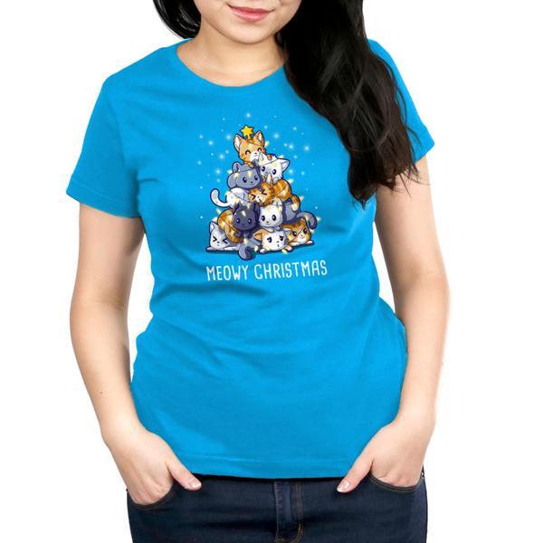Premium Cotton T-shirt_TeeTurtle cobalt blue Meowy Christmas apparel featuring multiple cats stacked in the shape of a Christmas tree with a star on top, surrounded by glowing lights. Caption reads "Meowy Christmas'.