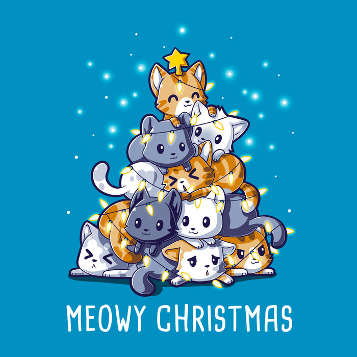 Classic Cotton T-shirt_TeeTurtle sapphire blue Meowy Christmas apparel featuring multiple cats stacked in the shape of a Christmas tree with a star on top, surrounded by glowing lights. Caption reads "Meowy Christmas'.