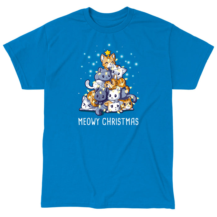 Classic Cotton T-shirt_TeeTurtle sapphire blue Meowy Christmas apparel featuring multiple cats stacked in the shape of a Christmas tree with a star on top, surrounded by glowing lights. Caption reads "Meowy Christmas'.