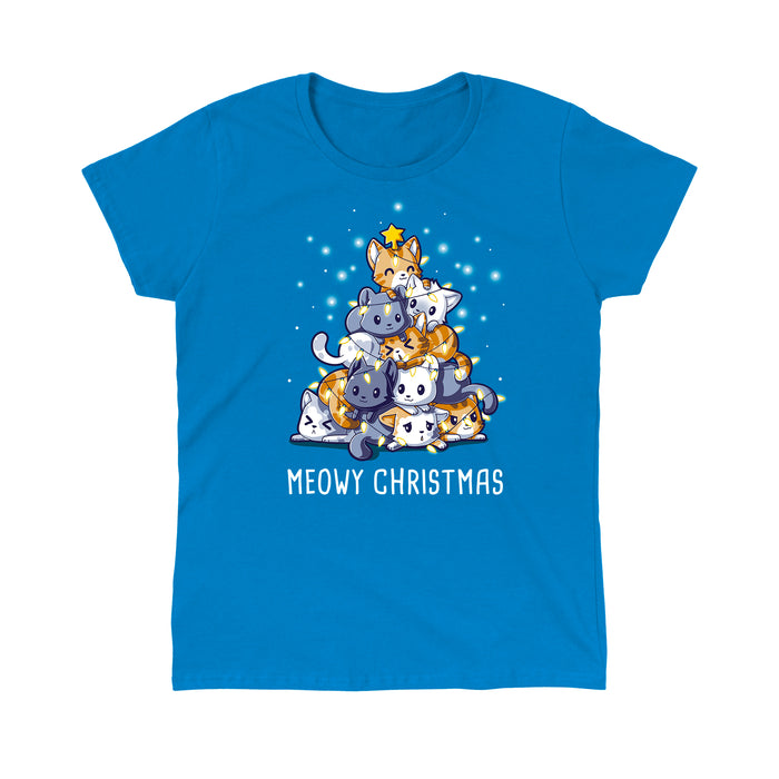 Classic Cotton T-shirt_TeeTurtle sapphire blue Meowy Christmas apparel featuring multiple cats stacked in the shape of a Christmas tree with a star on top, surrounded by glowing lights. Caption reads "Meowy Christmas'.