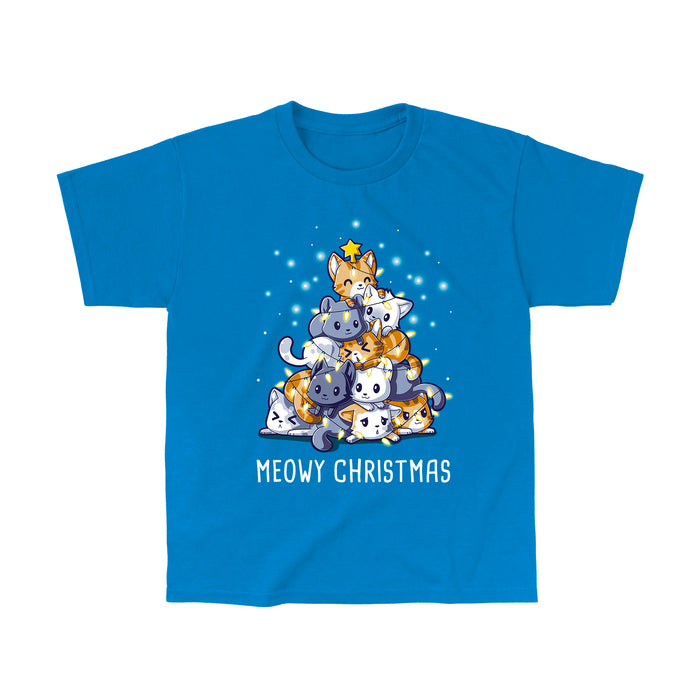 Classic Cotton T-shirt_TeeTurtle sapphire blue Meowy Christmas apparel featuring multiple cats stacked in the shape of a Christmas tree with a star on top, surrounded by glowing lights. Caption reads "Meowy Christmas'.