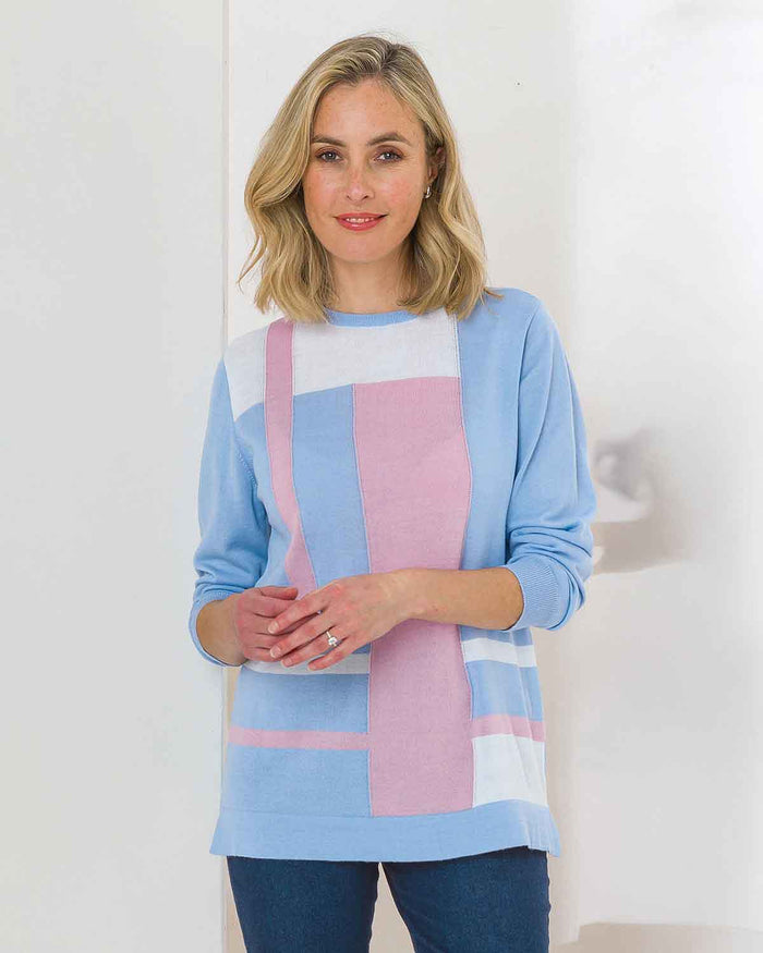 Meredith Colour Block Wool Mix Sweater - Blue,Pink,White - Image 1 - The Classic Boutique