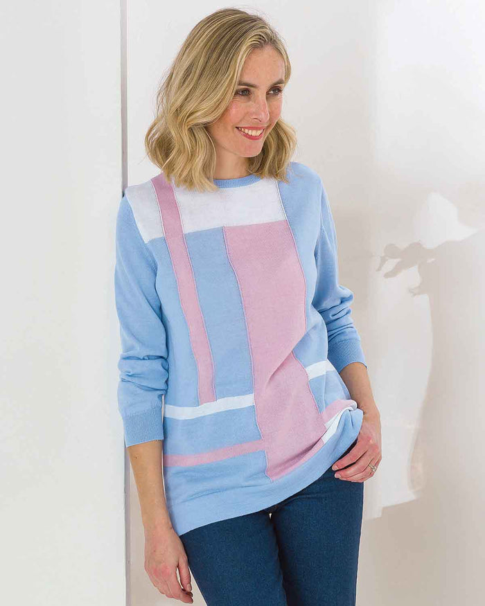 Meredith Colour Block Wool Mix Sweater - Blue,Pink,White - Image 2 - The Classic Boutique