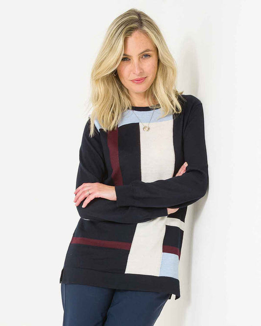 Meredith Colour Block Wool Mix Sweater - Navy - Image 1 - The Classic Boutique