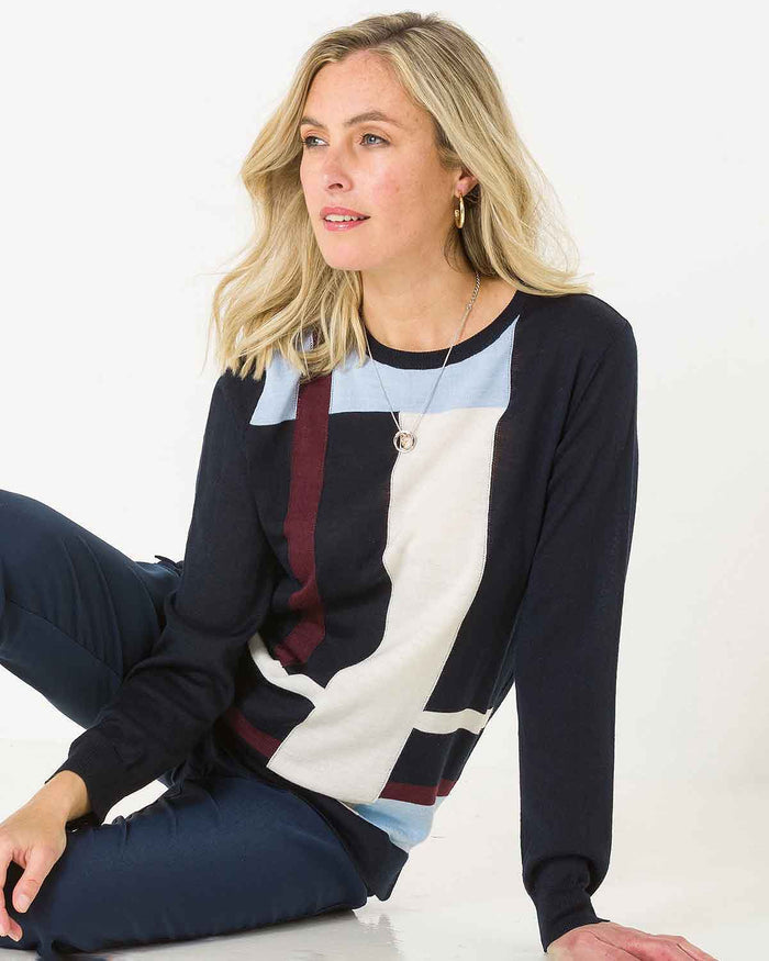 Meredith Colour Block Wool Mix Sweater - Navy - Image 2 - The Classic Boutique