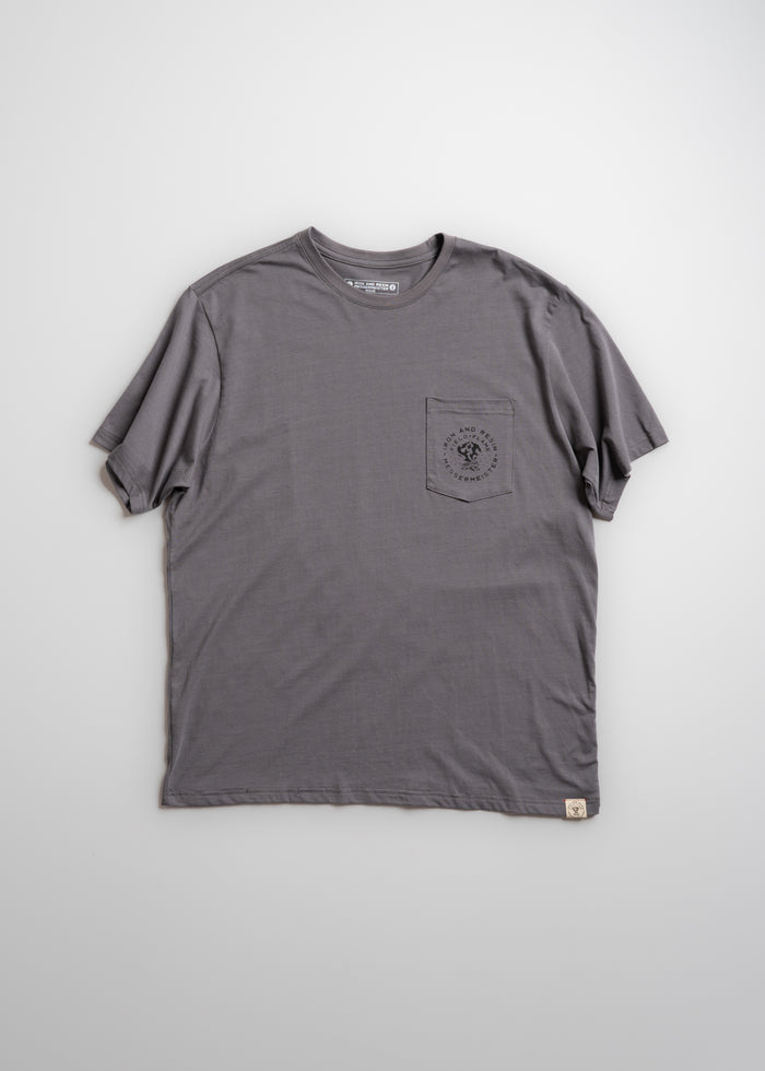 Gray T-shirt with a round neck and a small pocket on the left chest, featuring subtle text and logo design.