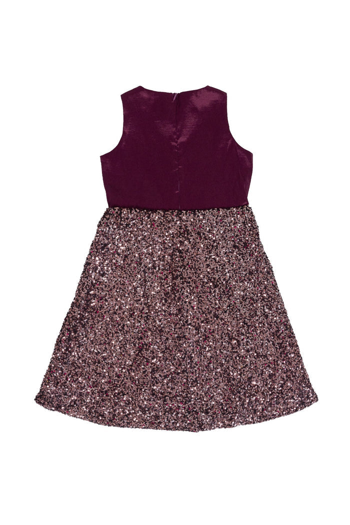 The Mini Alexis Dress in Wine by Ivy City Co features a sleeveless design, a solid dark purple velvet bodice, and a shimmering sequin skirt in sparkling purple. Shown flat against a white background, this festive dress is the perfect choice for any special occasion and is sure to delight.