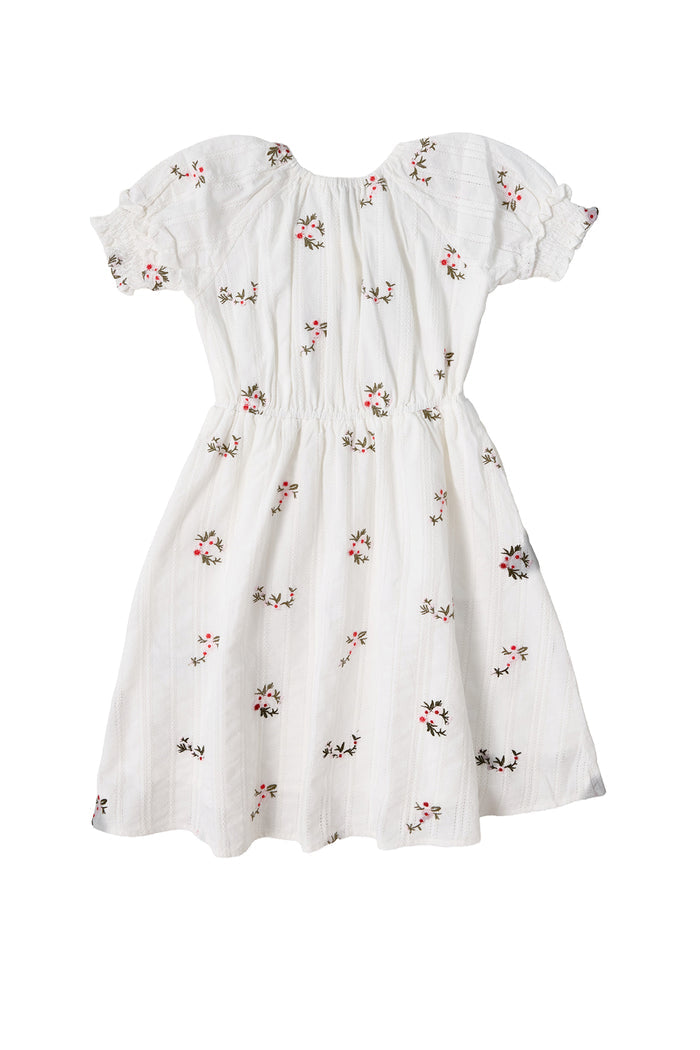 The Mini Jessie Dress in Ditsy Embroidery by Ivy City Co features soft white cotton with pink and green floral embroidery, ruffled short sleeves, and a gathered waist for a charming, lightweight look.