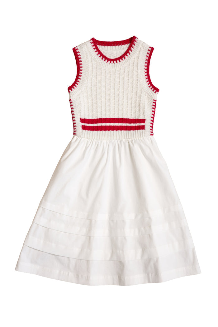The Mini Lisbon Dress in Ivory & Firework Red by Ivy City Co features a sleeveless design, textured knit bodice, red trim, and waist stripes—perfect for Fourth of July or cute Mom and Me matching outfits.