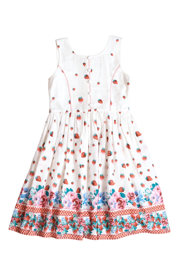 The Mini Sadie Dress in Strawberry Vintage Tier by Ivy City Co features colorful floral hem details, bodice buttons, a fitted waist, and flared skirt—perfect for matching mom and me moments.