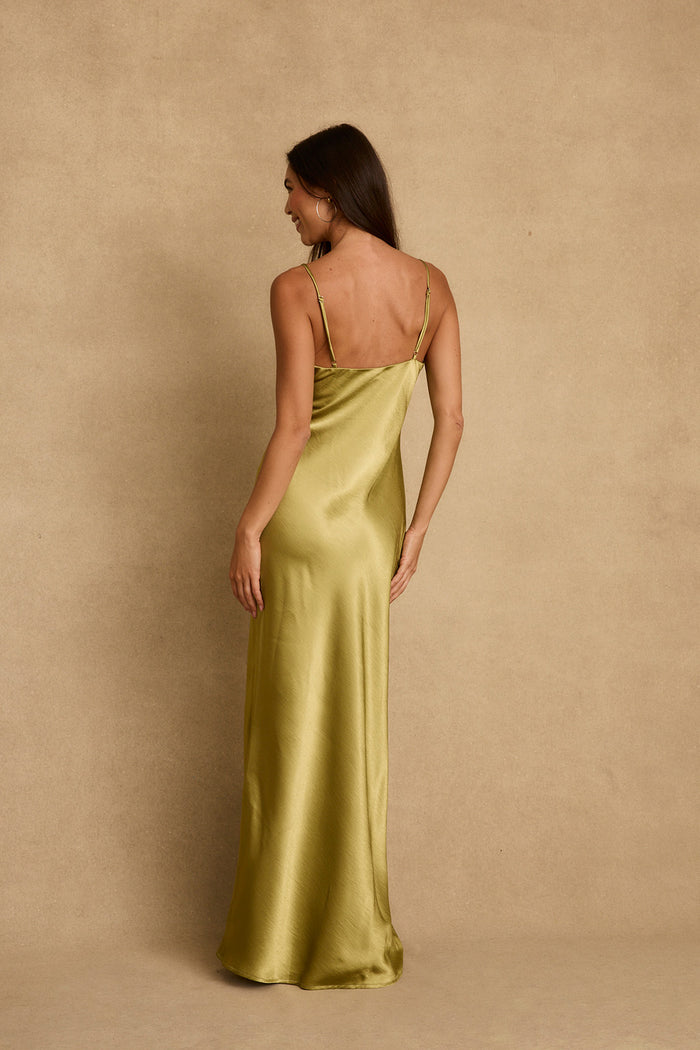 Mirabella Chartreuse Satin Maxi Dress