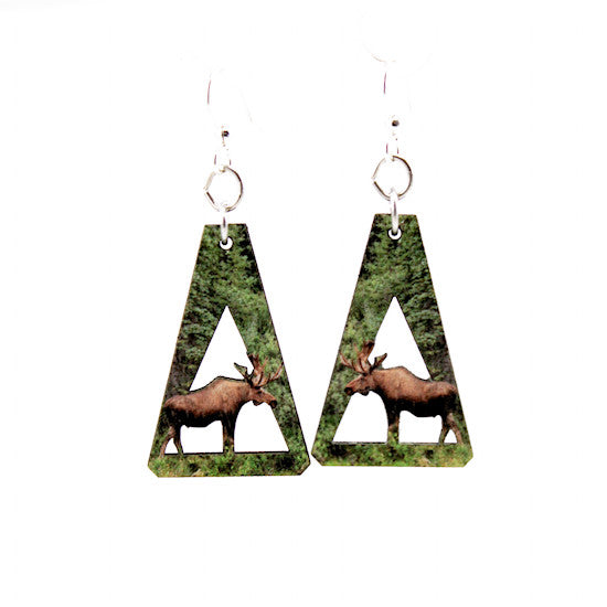Moose earrings with broad antlers, eco-friendly laser-cut jewelry made in USA