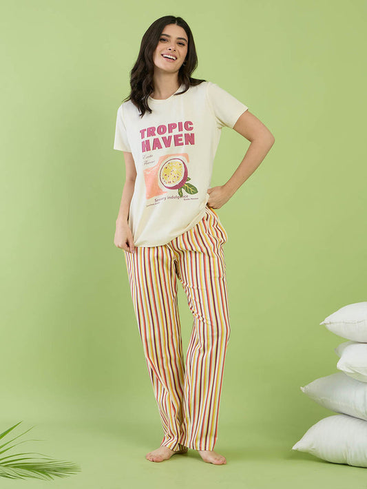 mSECRET Beige Tropic Cotton Night Suit Set