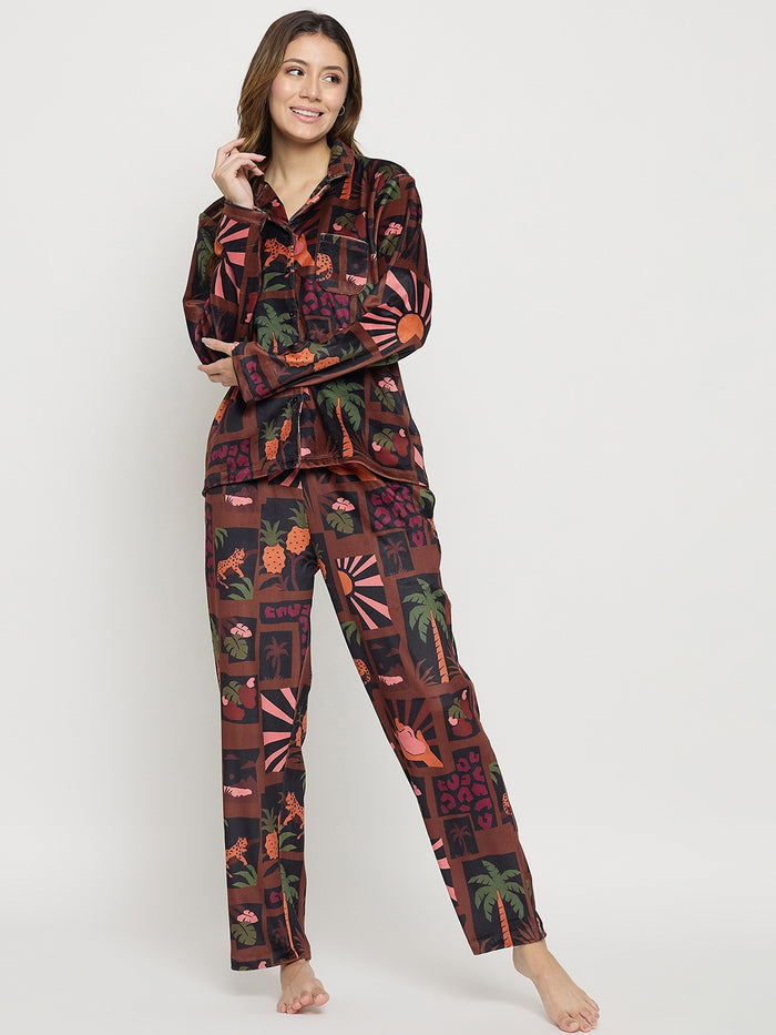 mSECRET Brown Printed Full Sleeve Night Suit