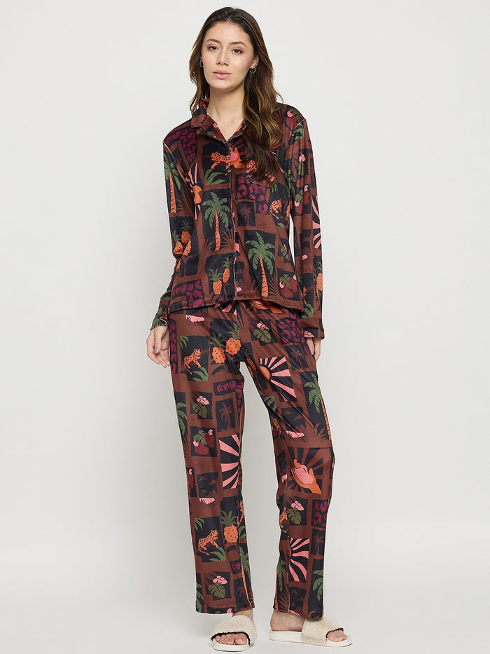 mSECRET Brown Printed Full Sleeve Night Suit