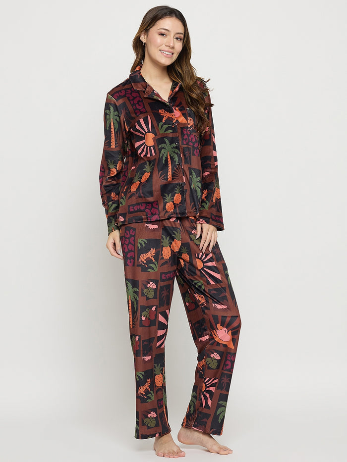 mSECRET Brown Printed Full Sleeve Night Suit