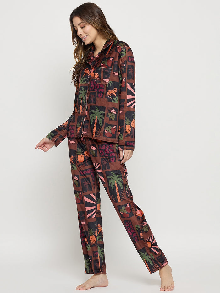 mSECRET Brown Printed Full Sleeve Night Suit