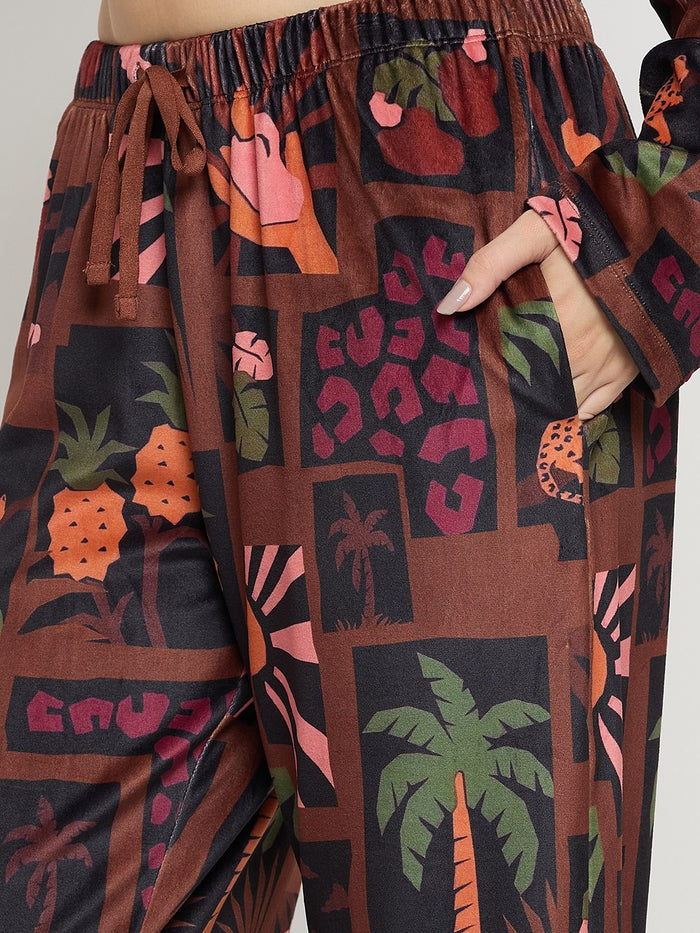 mSECRET Brown Printed Full Sleeve Night Suit