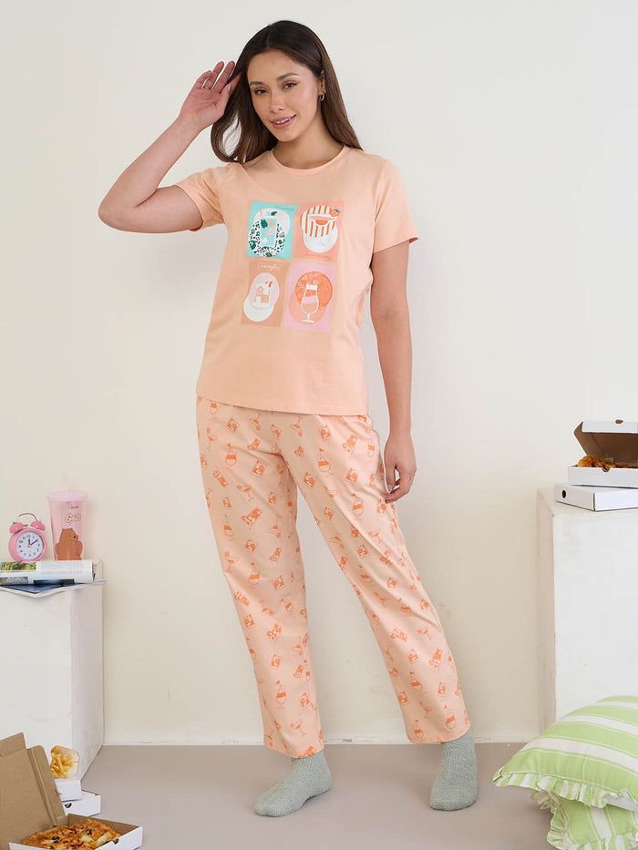 mSECRET Graphic Print Orange Cotton Night Suit
