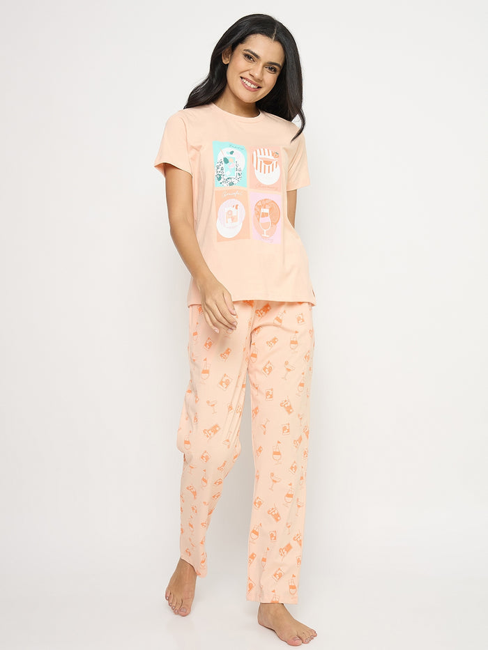 mSECRET Graphic Print Orange Cotton Night Suit