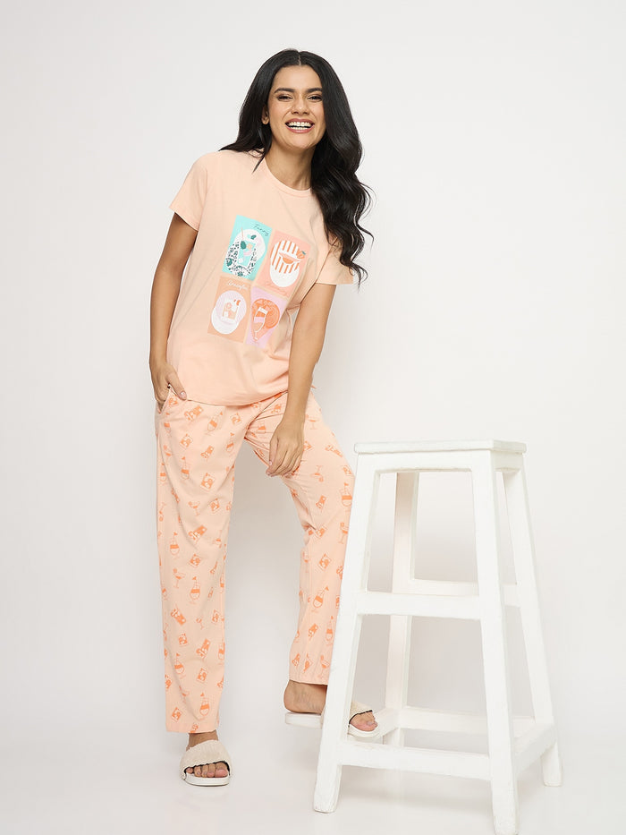 mSECRET Graphic Print Orange Cotton Night Suit