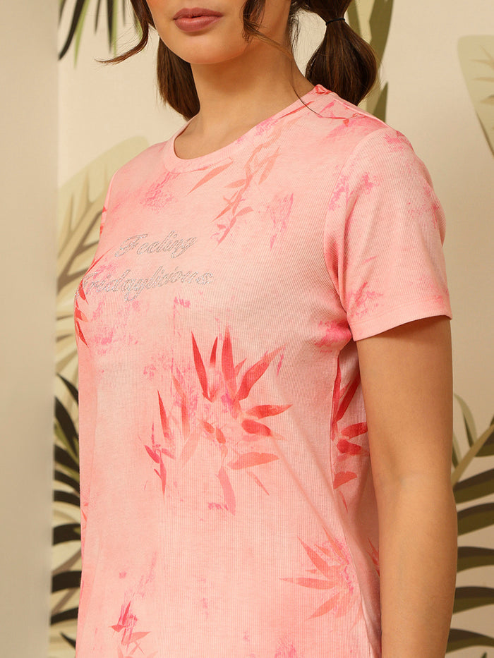 mSECRET Graphic Print Top and Straight Bottom Coral Nightsuit