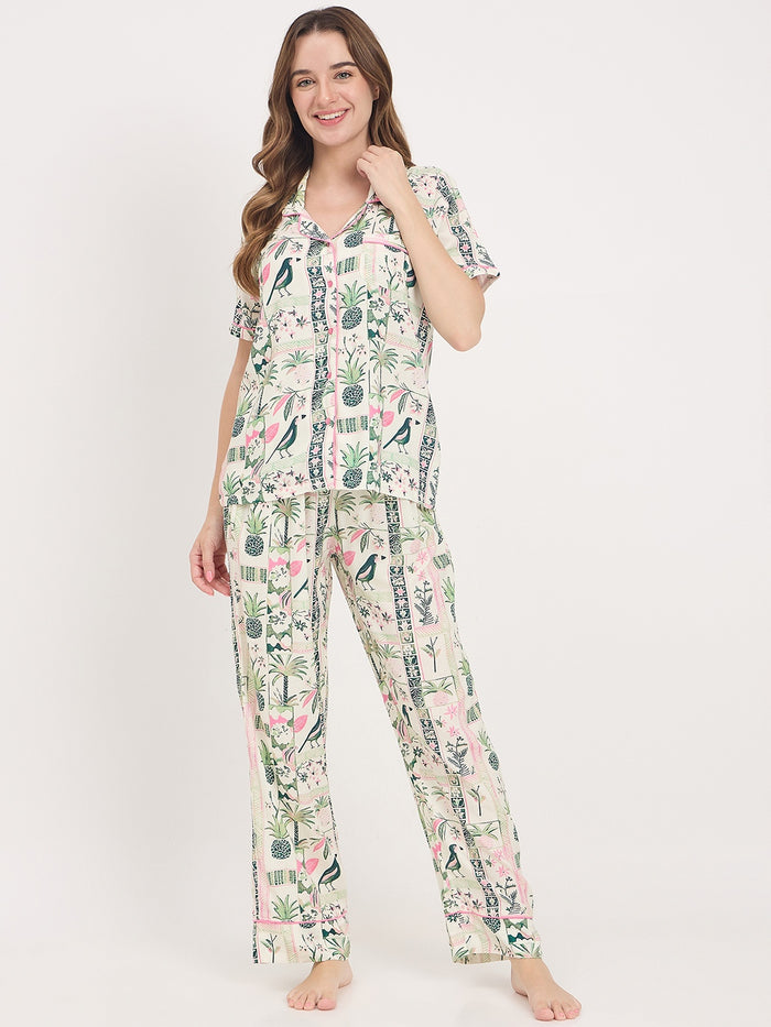 mSECRET Green Printed Rayon Spread Collar Short Sleeve Night Suit
