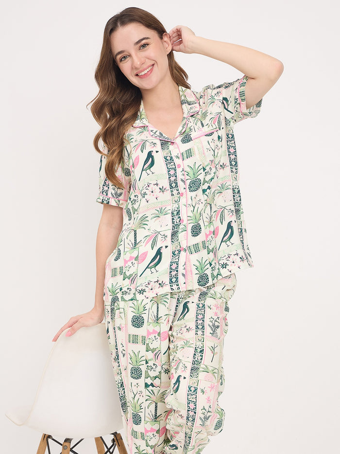 mSECRET Green Printed Rayon Spread Collar Short Sleeve Night Suit