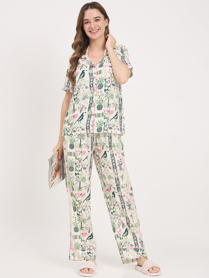 mSECRET Green Printed Rayon Spread Collar Short Sleeve Night Suit