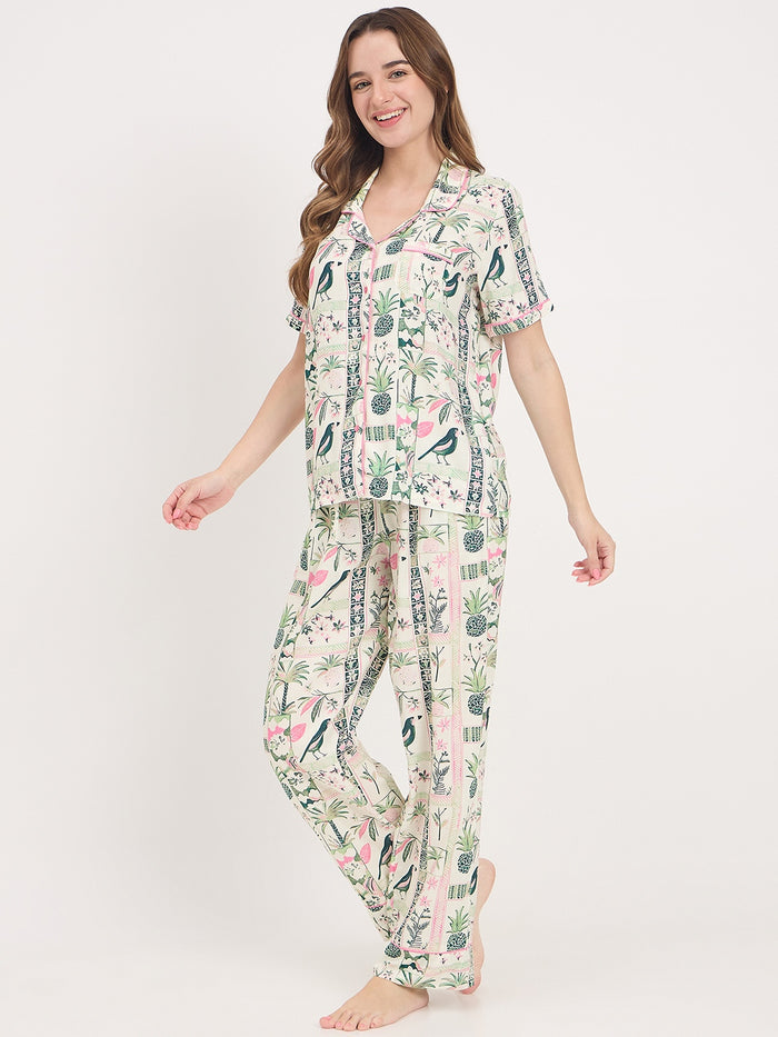 mSECRET Green Printed Rayon Spread Collar Short Sleeve Night Suit